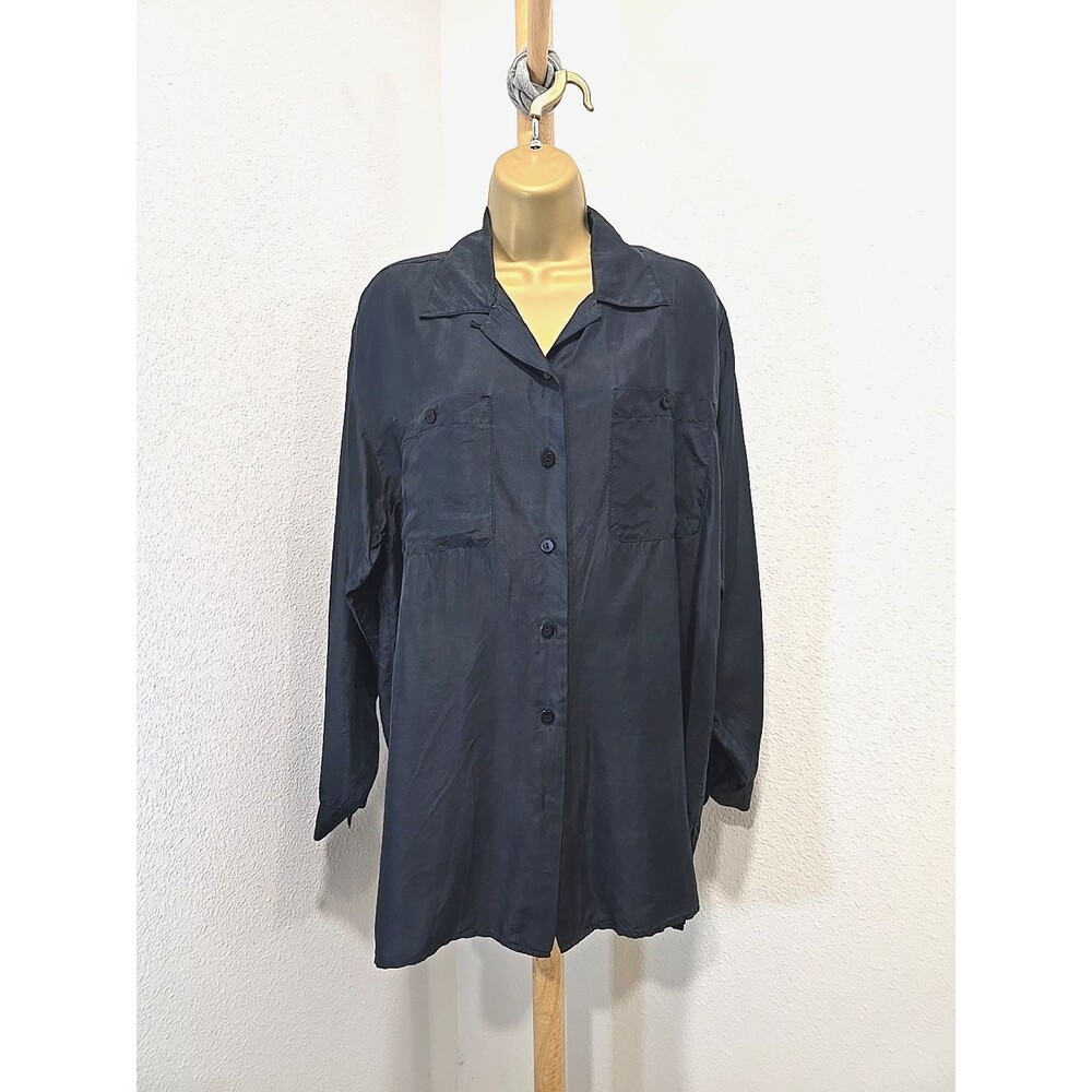 Casual Corner 100% Silk Button Shirt Women's Med Minimalist Black Office Career